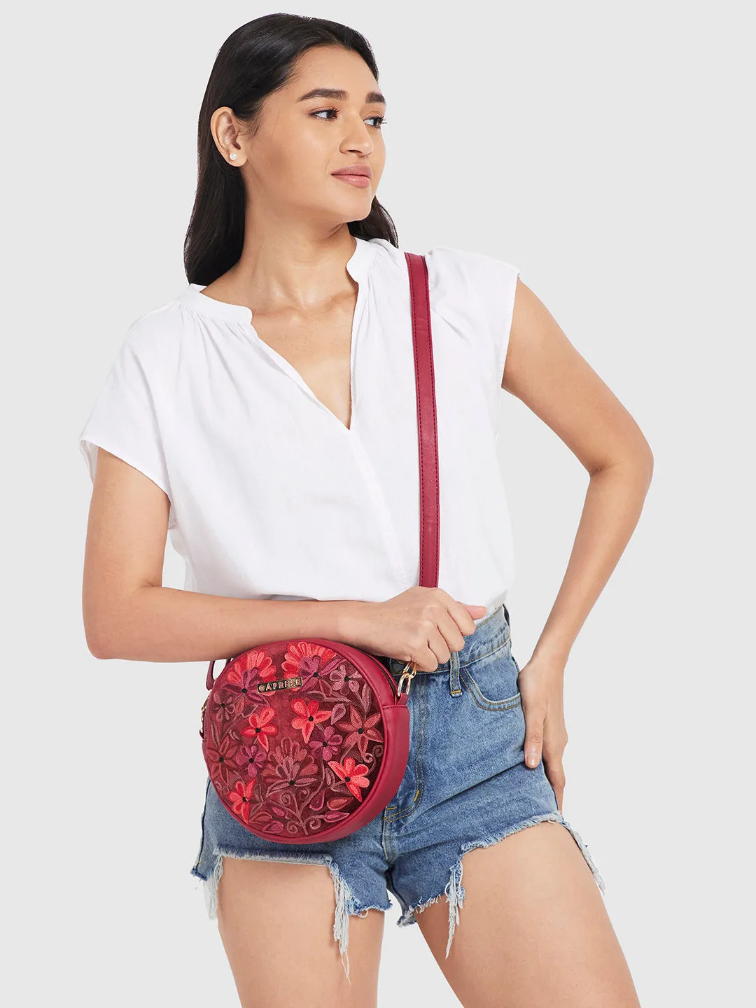 Caprese Tresna Embroidery Medium Sling Handbag Maroon