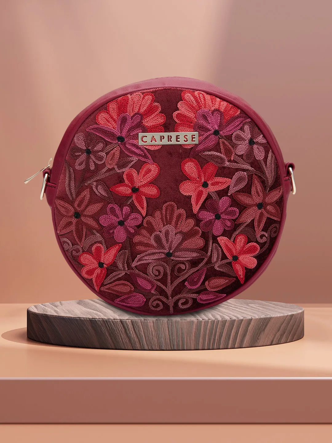 Caprese Tresna Embroidery Medium Sling Handbag Maroon