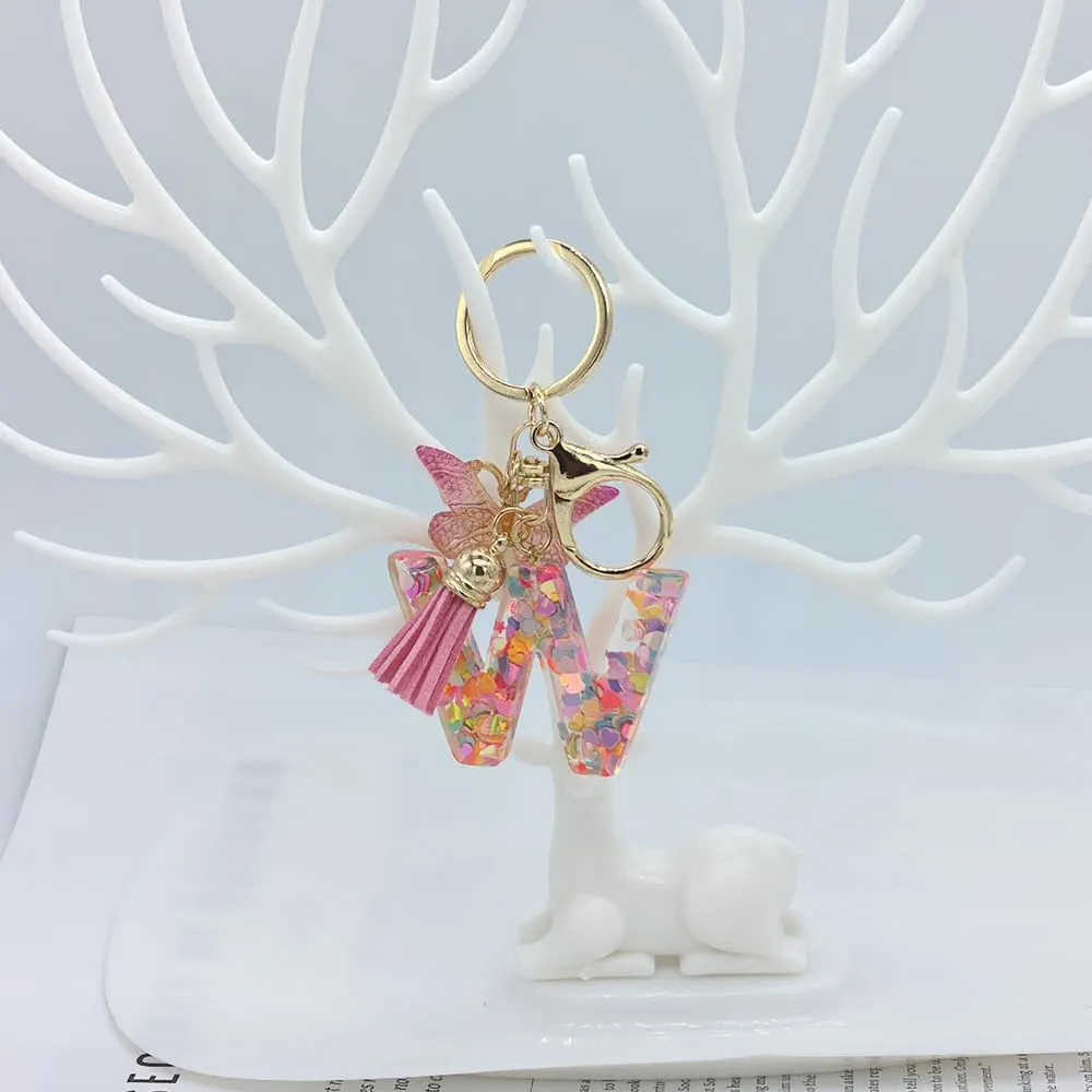 Cute Alphabet Initial Letter Keychains Tassel Butterfly Pendant Key Ring for Women Girls Gifts Purse Handbags