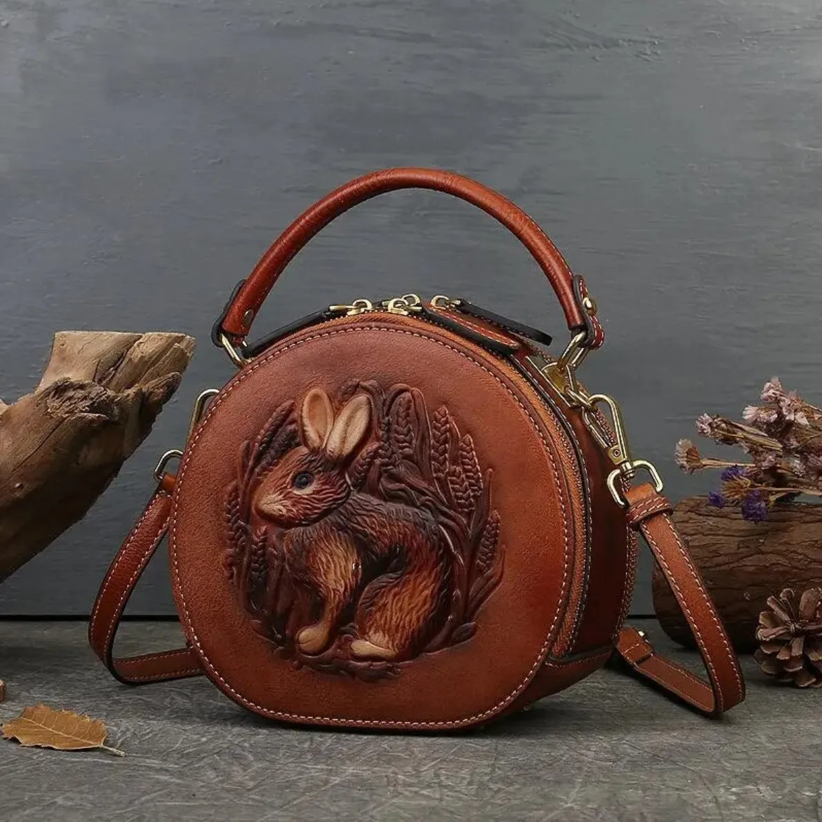 Embossed Rabbit Handbag Genuine Leather