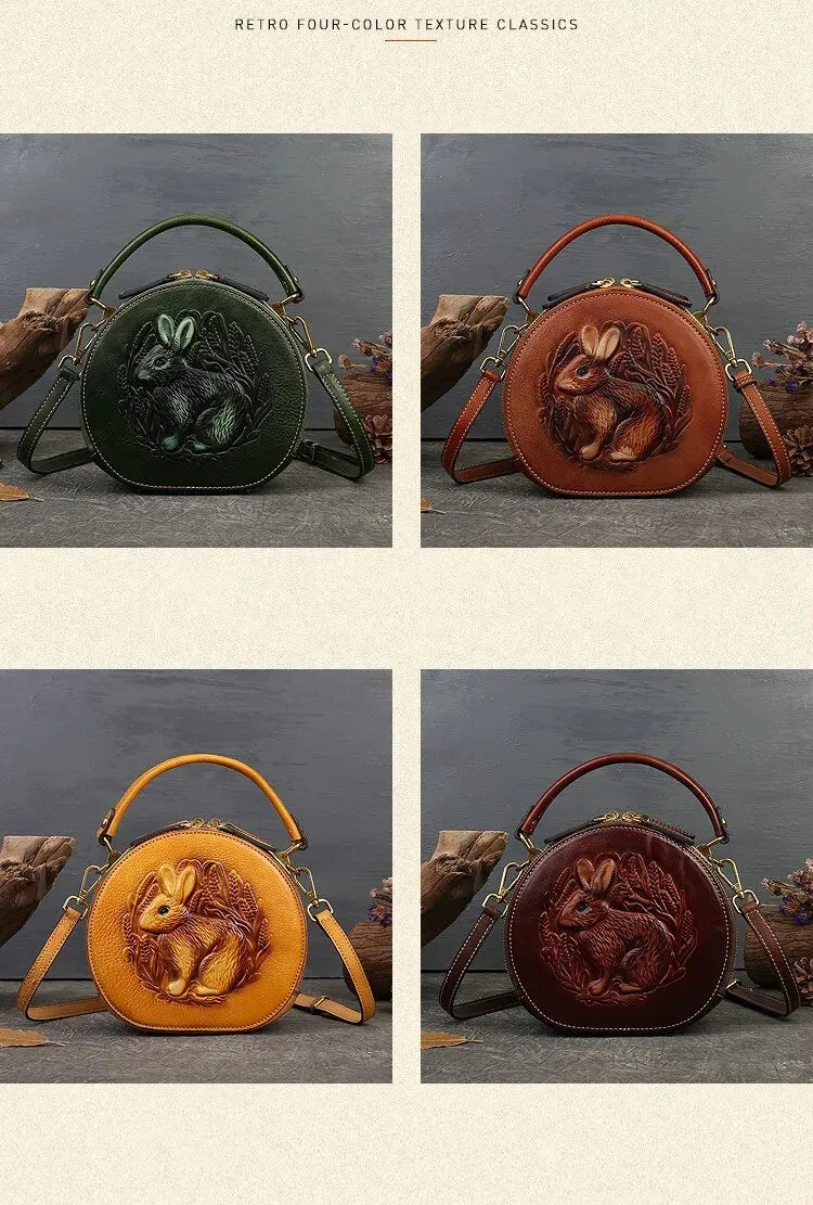 Embossed Rabbit Handbag Genuine Leather