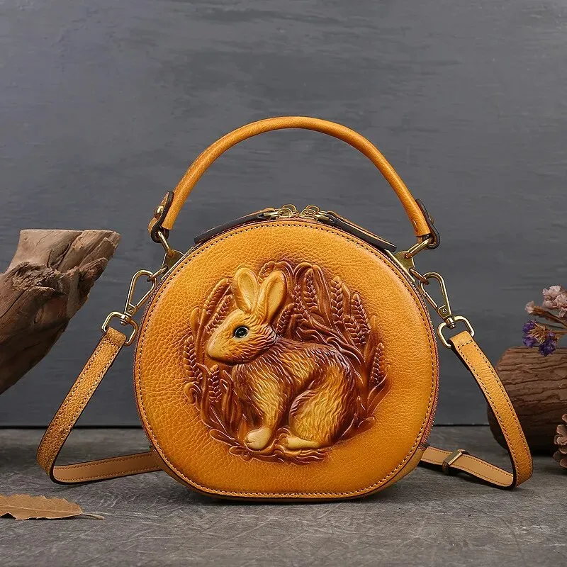 Embossed Rabbit Handbag Genuine Leather