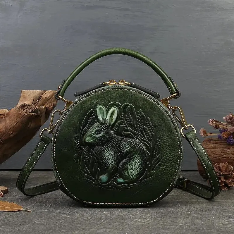 Embossed Rabbit Handbag Genuine Leather
