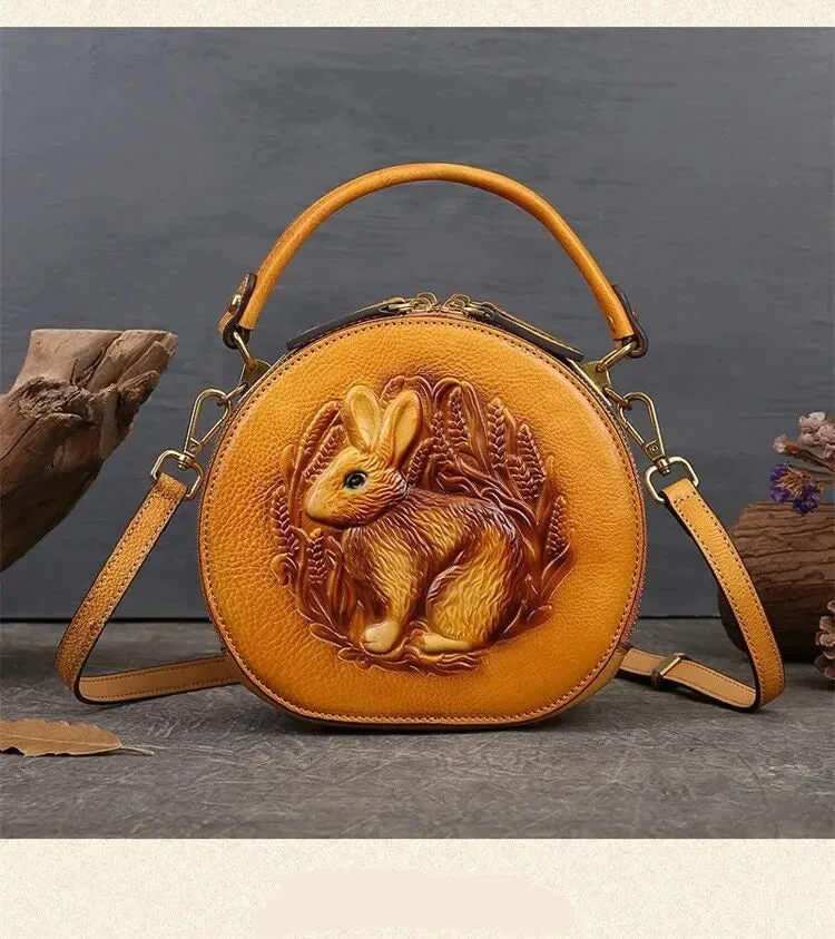 Embossed Rabbit Handbag Genuine Leather