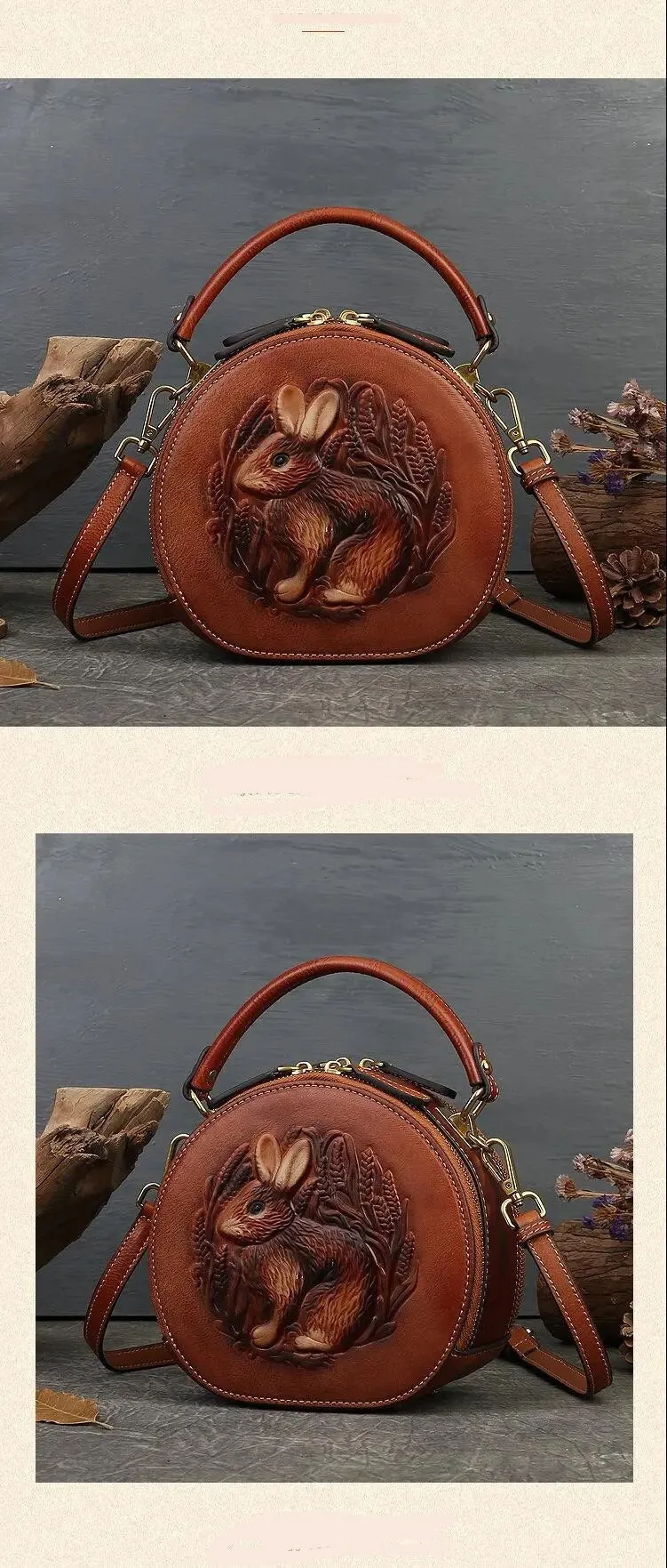Embossed Rabbit Handbag Genuine Leather