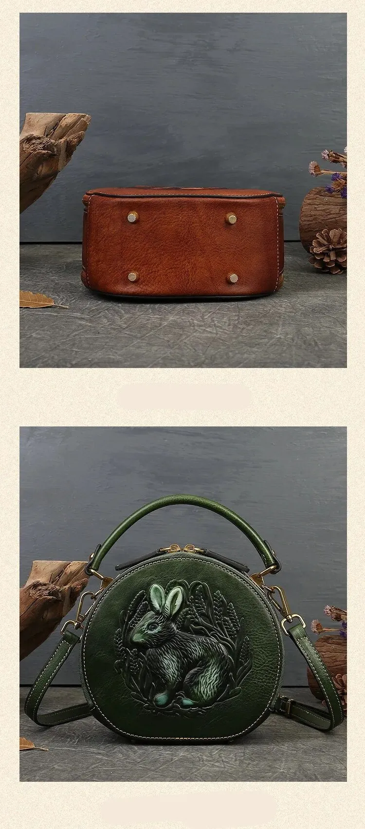 Embossed Rabbit Handbag Genuine Leather