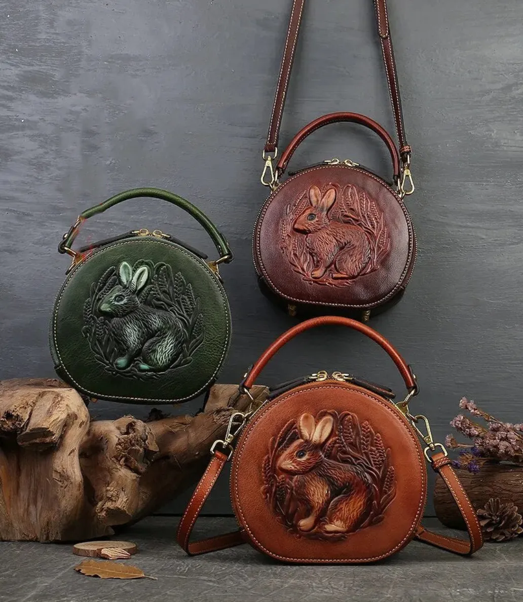 Embossed Rabbit Handbag Genuine Leather