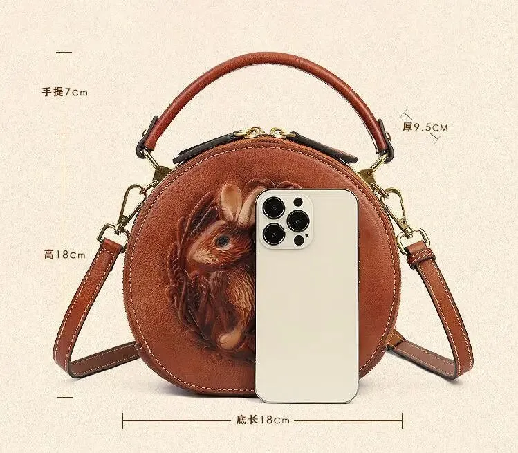 Embossed Rabbit Handbag Genuine Leather