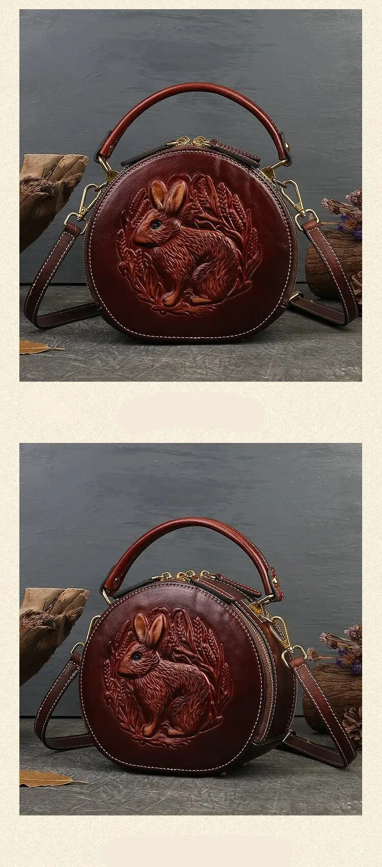 Embossed Rabbit Handbag Genuine Leather