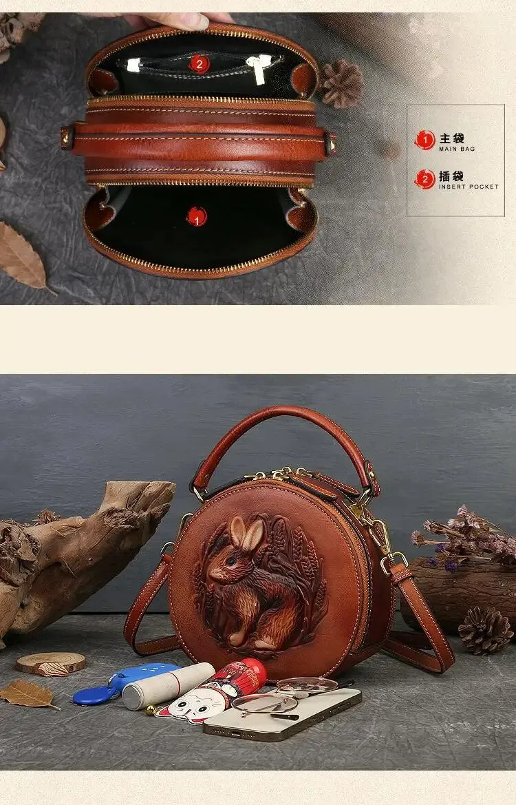 Embossed Rabbit Handbag Genuine Leather