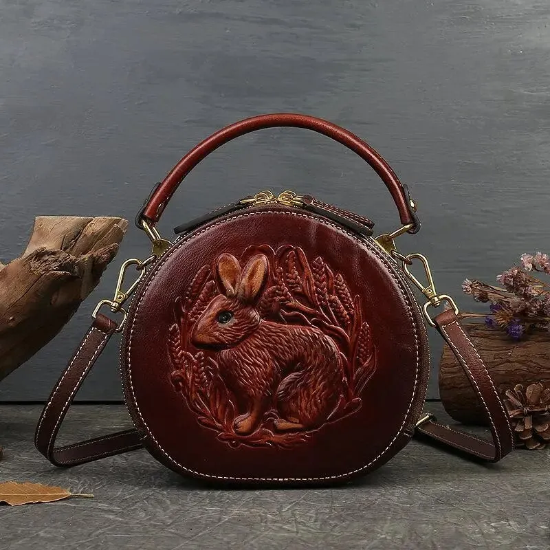 Embossed Rabbit Handbag Genuine Leather