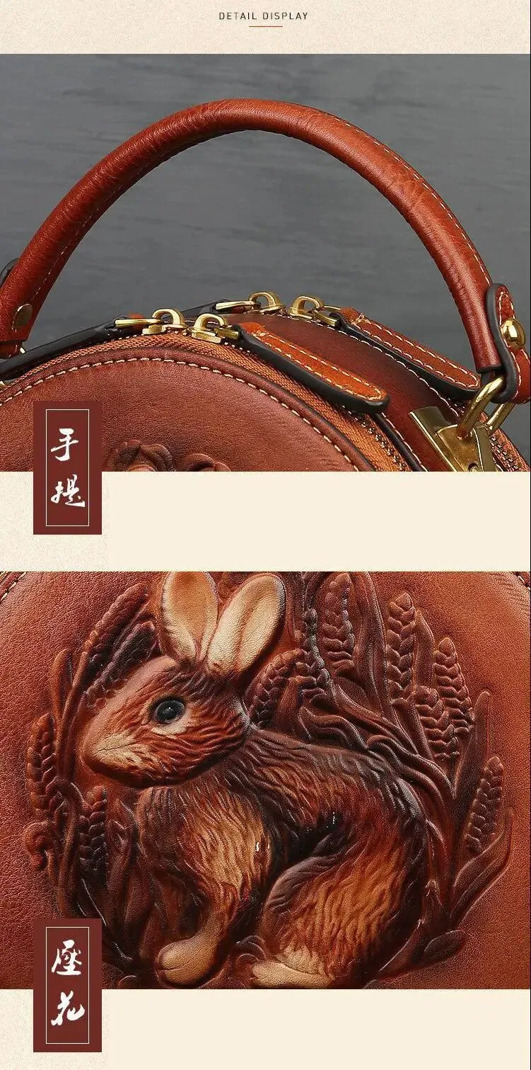 Embossed Rabbit Handbag Genuine Leather