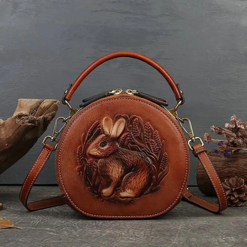 Embossed Rabbit Handbag Genuine Leather