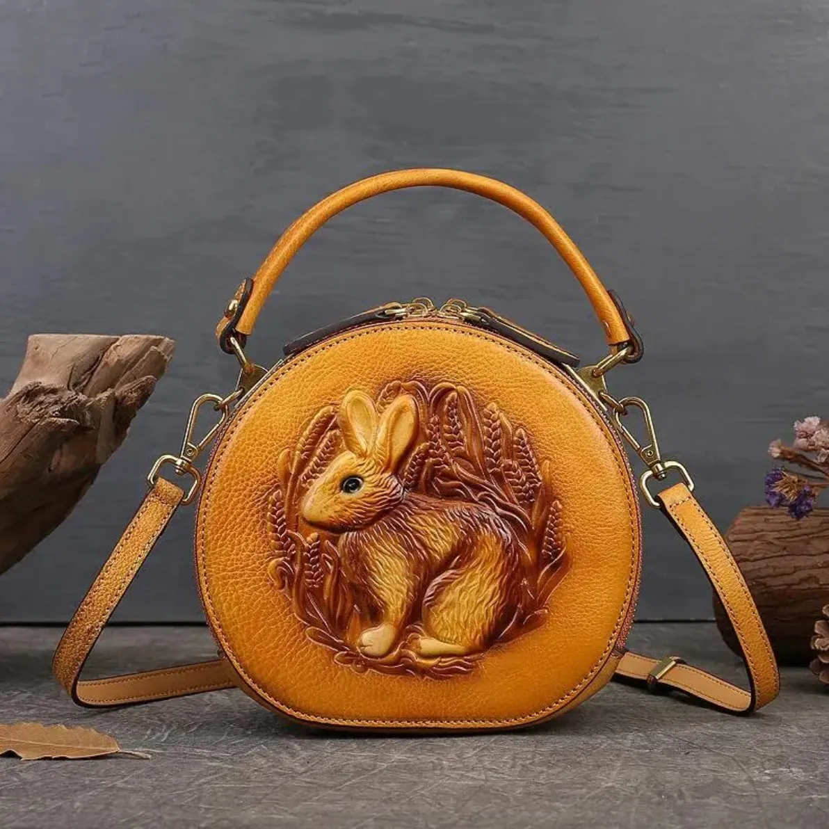 Embossed Rabbit Handbag Genuine Leather