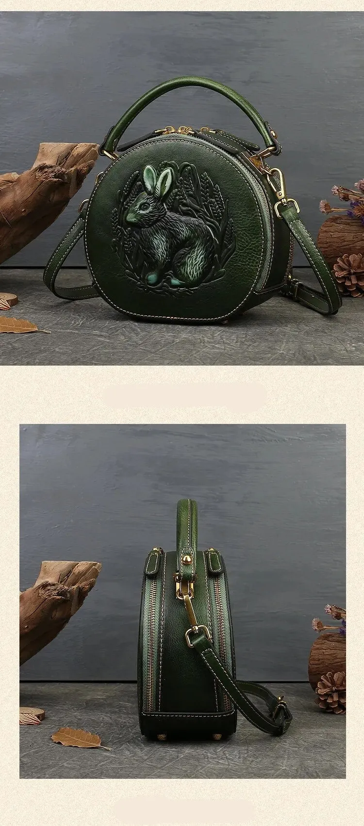 Embossed Rabbit Handbag Genuine Leather