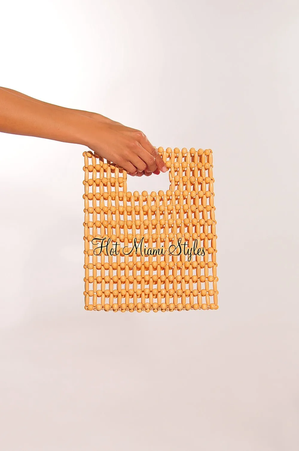 Nude Wood Beaded Squared Handbag