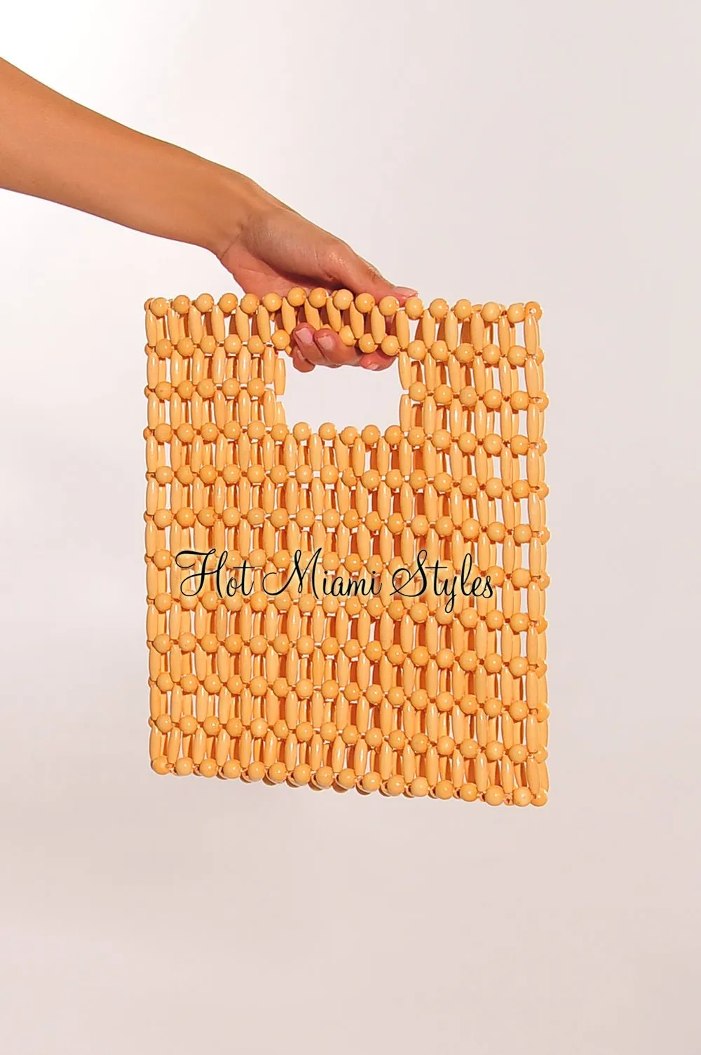 Nude Wood Beaded Squared Handbag