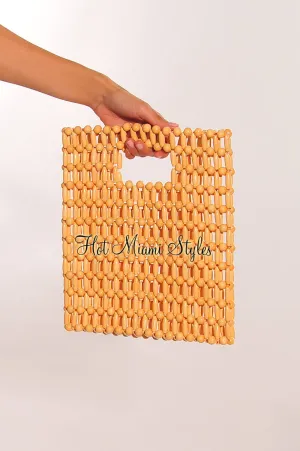 Nude Wood Beaded Squared Handbag