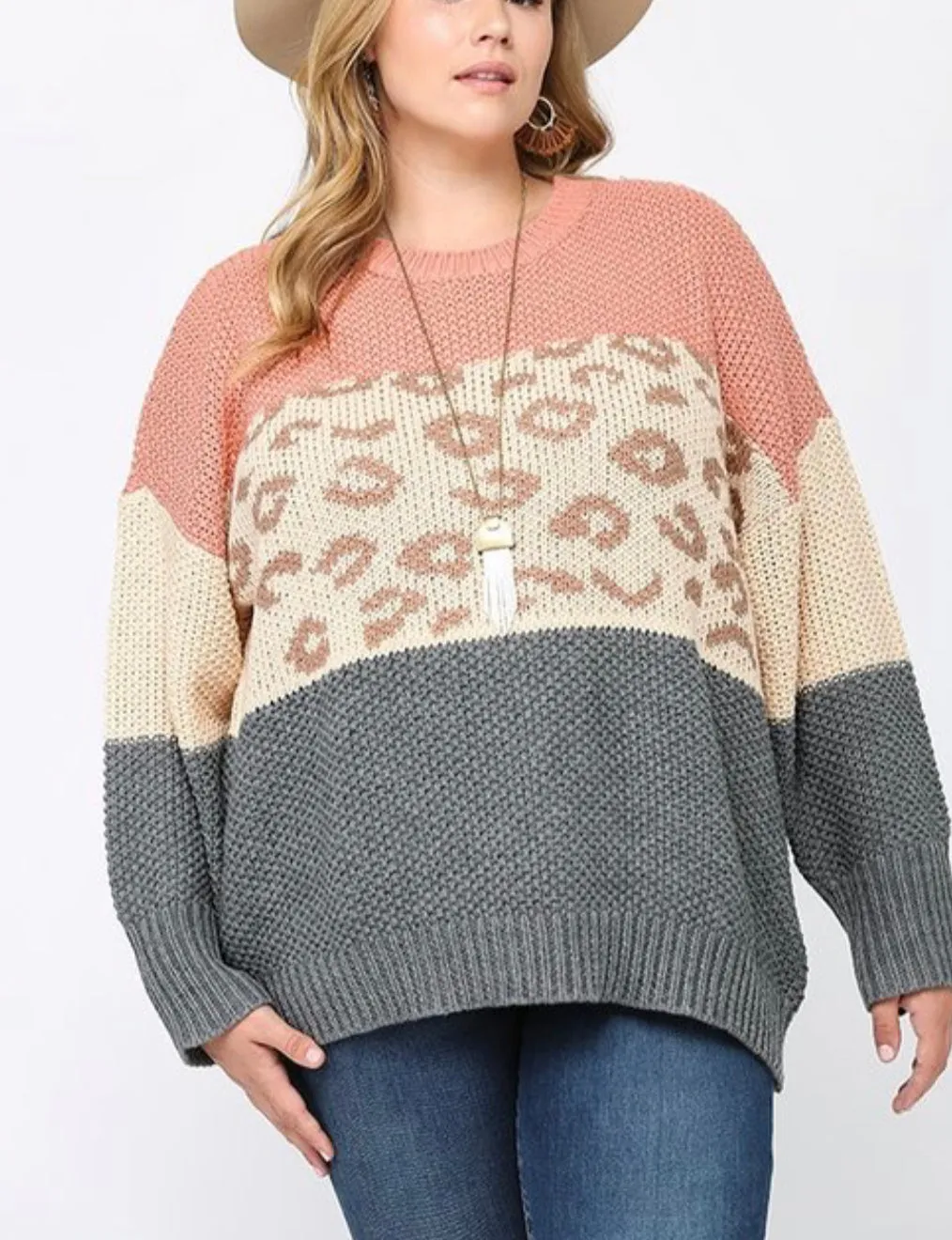 (PLUS) Leopard Color Block Sweater