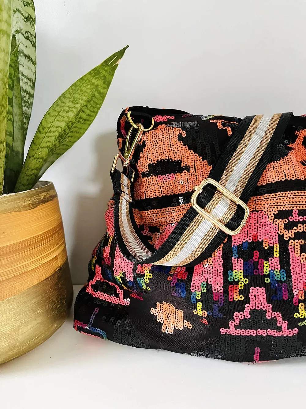 Recycled Sequin Bag Orange and Pink Aztec