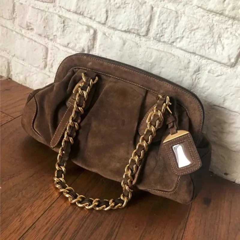 Sohiwoo Fashion Vintage Women Handbags Chic Chain Frosted Suede Underarm Shoulder Bag Large Capacity Luxury Design Soft Tote Boston Bags