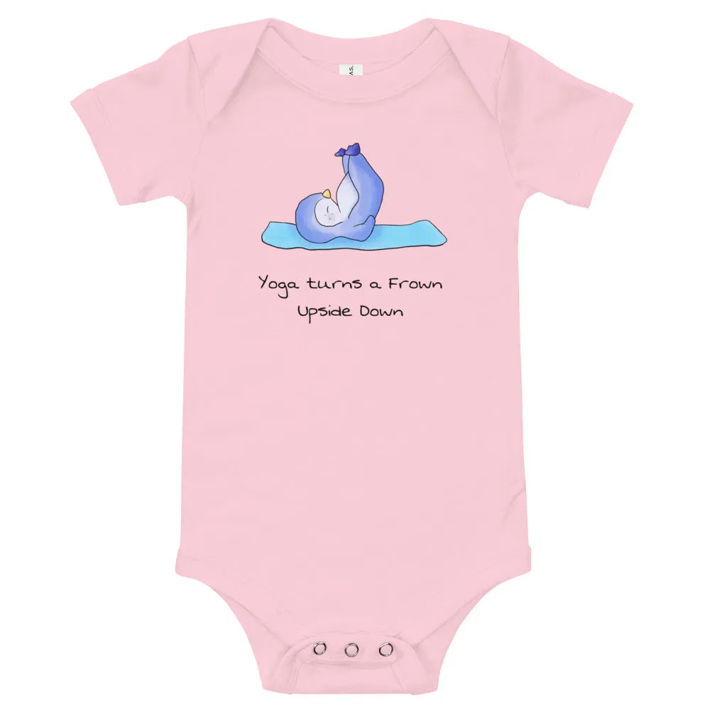 Yoga baby bodysuit - Yoga turns a frown upside down - Yoga baby romper / like onesie. Penguin yoga. Animals doing yoga.