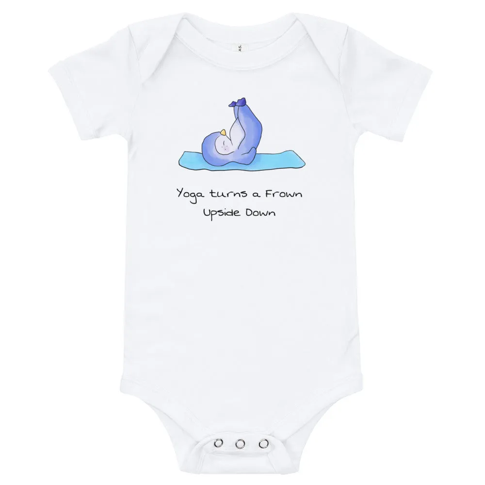 Yoga baby bodysuit - Yoga turns a frown upside down - Yoga baby romper / like onesie. Penguin yoga. Animals doing yoga.