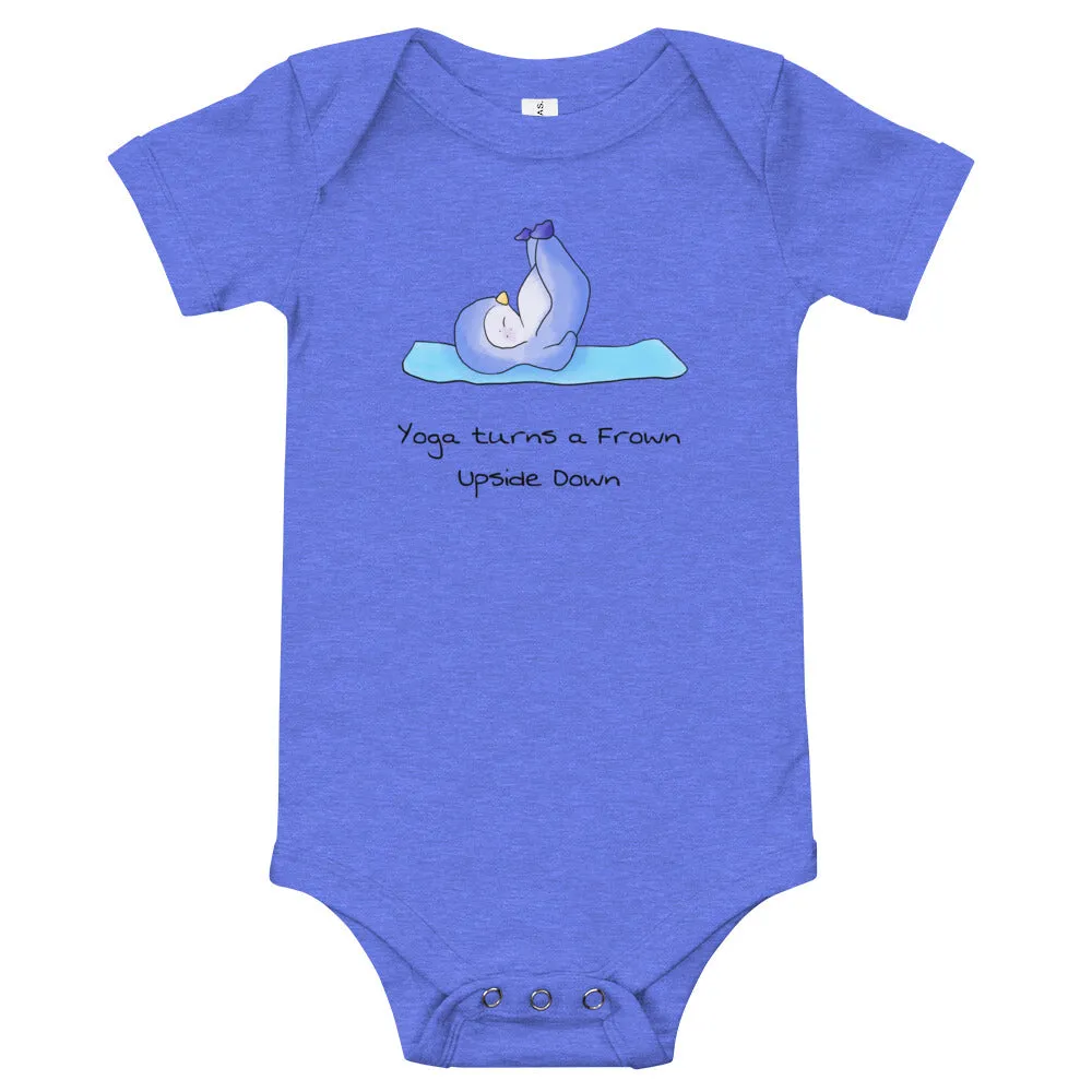 Yoga baby bodysuit - Yoga turns a frown upside down - Yoga baby romper / like onesie. Penguin yoga. Animals doing yoga.