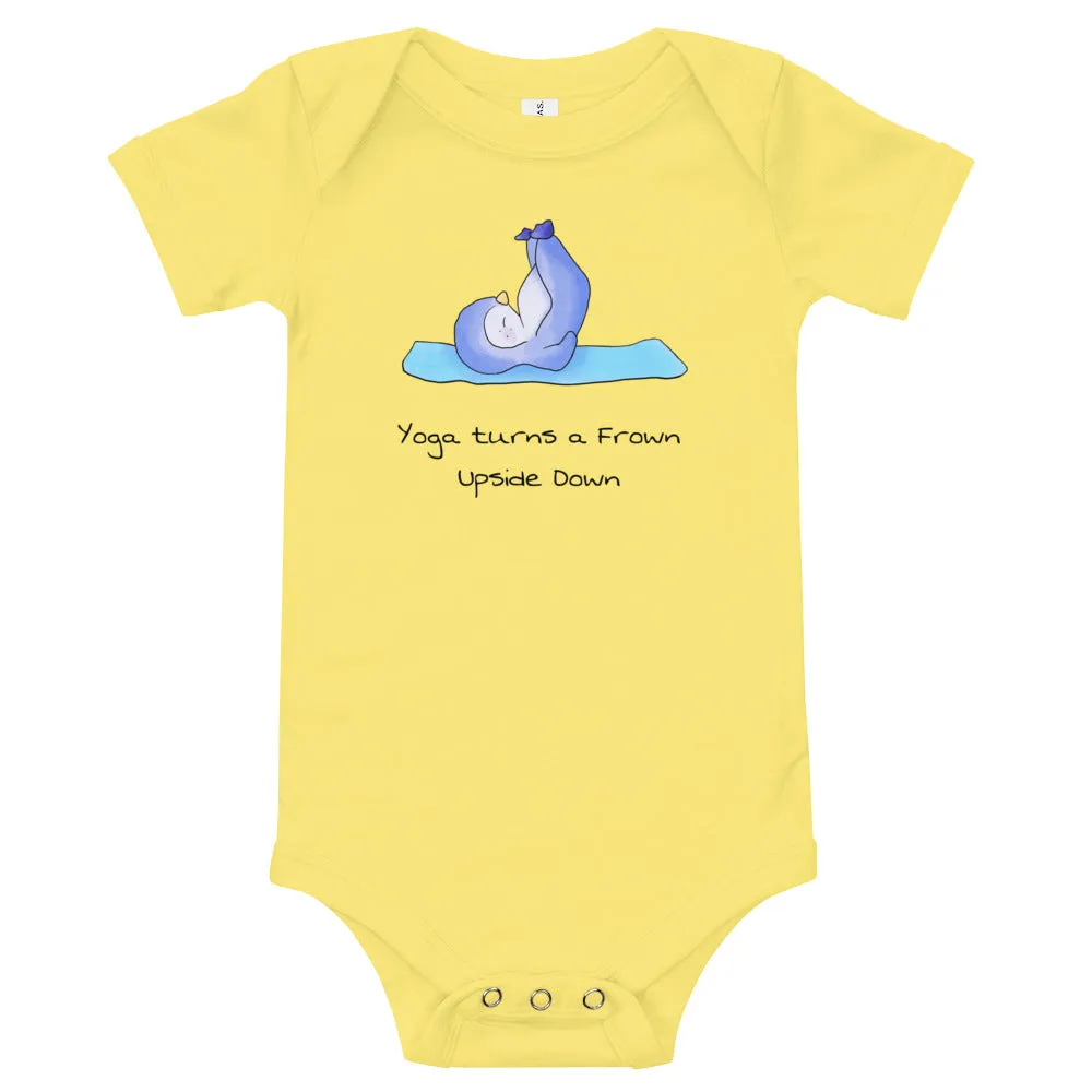 Yoga baby bodysuit - Yoga turns a frown upside down - Yoga baby romper / like onesie. Penguin yoga. Animals doing yoga.