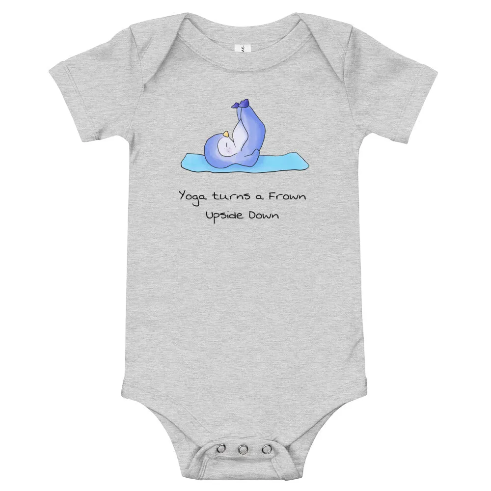 Yoga baby bodysuit - Yoga turns a frown upside down - Yoga baby romper / like onesie. Penguin yoga. Animals doing yoga.